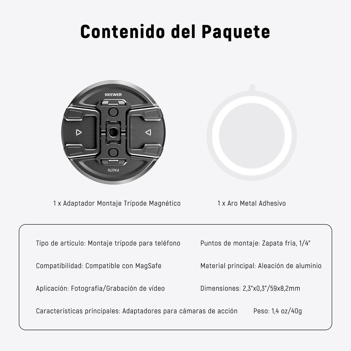 NEEWER Trípode Teléfono Motnaje Magnético con Adaptador Cámara Acción, Zapata Fría con Anti Off Pin, 1/4" Rosca Compatible con MagSafe iPhone 16 15 14 13 12 Series dji Montaje Adaptador, PA070