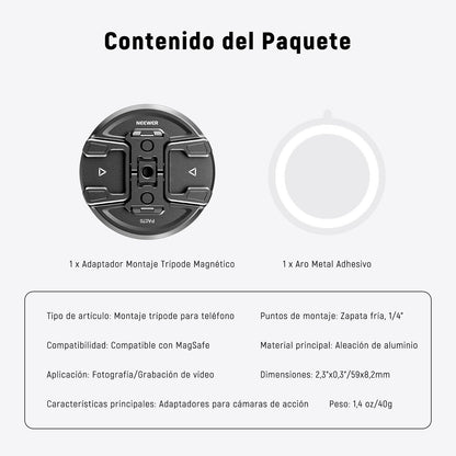 NEEWER Trípode Teléfono Motnaje Magnético con Adaptador Cámara Acción, Zapata Fría con Anti Off Pin, 1/4" Rosca Compatible con MagSafe iPhone 16 15 14 13 12 Series dji Montaje Adaptador, PA070