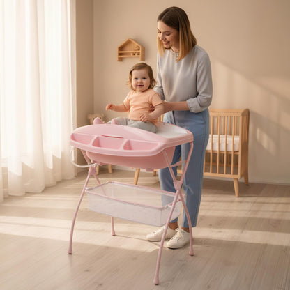 Prinsel | Bañera Multifuncional Onda | Bañera y Cambiador Acolchonado para Bebé | Plegable con Bañera Anatómica | Circulos - Rosa | Manguera de Desagüe | De 0 a 12 meses | Artículos para Bebés - Recién Nacidos