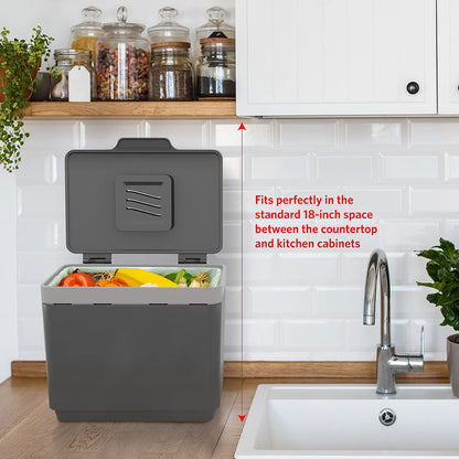 Glad Contenedor de Compost para Cocina, 1.5 galones | Contenedor de plástico con Cesta Interior extraíble, Soporte de Almacenamiento para Bolsas y filtros de Bloqueo de olores de Carbono, Gris