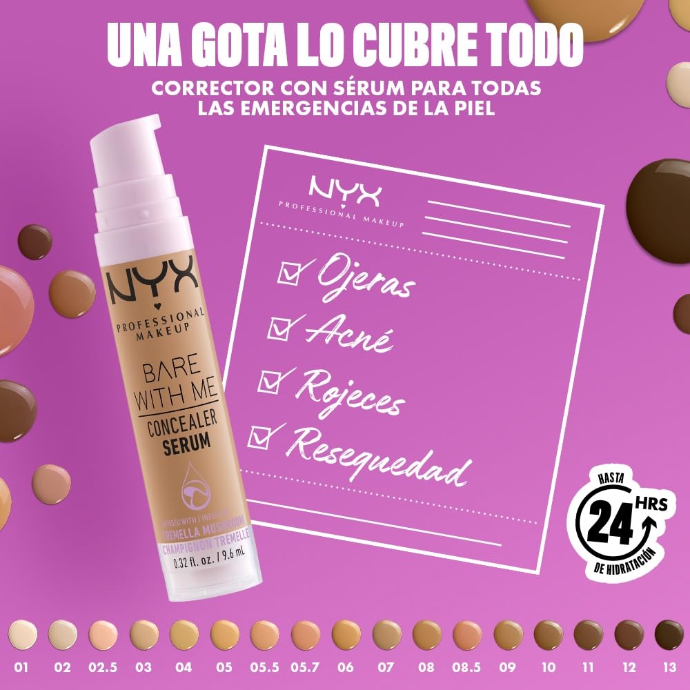NYX Professional Makeup Bare With Me Concealer Serum, suero + corrector ligero de cobertura media con fórmula vegana, hidratación hasta por 24H, 9.6ml – Tono Sand (Arena)