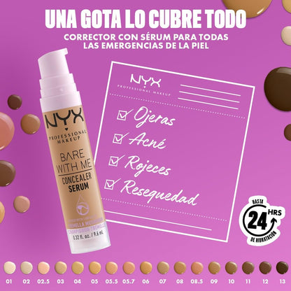 NYX Professional Makeup Bare With Me Concealer Serum, suero + corrector ligero de cobertura media con fórmula vegana, hidratación hasta por 24H, 9.6ml – Tono Sand (Arena)