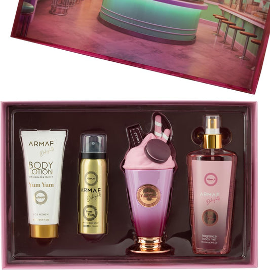 Armaf Yum Yum – Fruity, Floral, Vanilla – 4-Piece Gift Set for Women (3.4 oz Eau de Parfum + 3.4 oz Body Lotion + 1.7 oz Body Spray + 8.4 oz Body Mist)