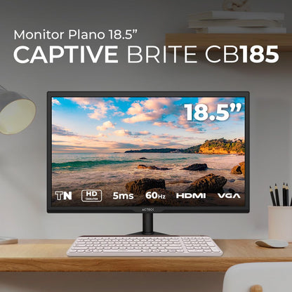 Acteck Captive Brite Monitor Plano CB185, 18.5", TN, HD, 60Hz, 5ms, Low-Blue Light, VGA, HDMI 1.4, VESA 75mm, Negro