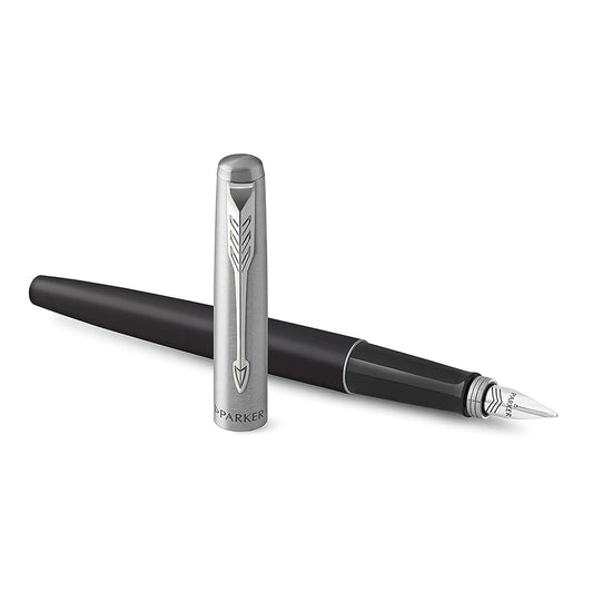 Parker - Pluma estilográfica Jotter con caja de regalo, mango de metal negro, Spring Strength M, tinta azul