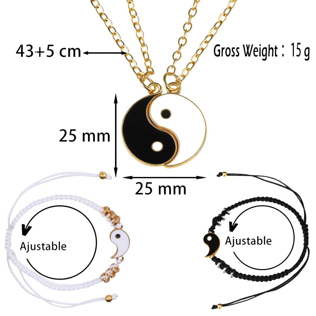 XYPHIELLE Collares para Parejas - Dijes Yin Yang que Crean el Tai Chi al Unirse, Juego de Aleación Dorada con Brazalete Tejido, Regalo para Mitades Complementarias (Aniversario, San Valentín)
