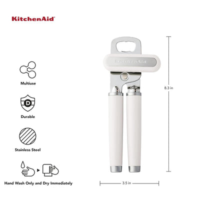 KitchenAid - Abrelatas y abrebotellas multifunción clásico fácil de usar, rueda de corte de acero inoxidable afilada, asas ergonómicas suaves, color blanco