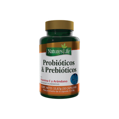 Nature's Life - Probióticos y Prebióticos Vitamina C y Arándano 30 Cápsulas | 415 millones UFC, Lactobacillus acidophilus, inulina, avena sativa, sin conservadores ni azúcar añadida, 1 cápsula al día