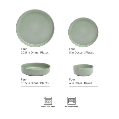 Gibson Elite Pasco 16 piezas (servicio para 4) platos y tazones de doble tazón de fuente de vajilla de cerámica de gres - Verde