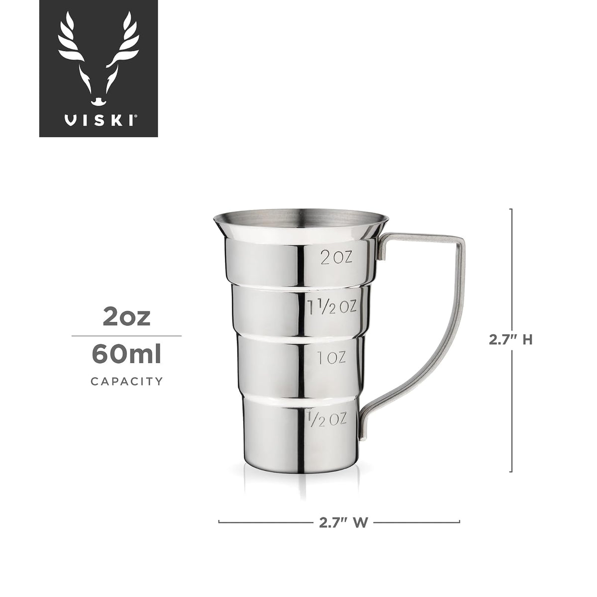 Viski - Jigger escalonado con asa, 4 marcas de medición, taza medidora para recetas de cóctel, 0.5 onzas, 1.5 onzas, 1.5 onzas y 2 onzas, acero inoxidable