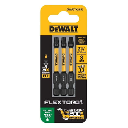 DEWALT FLEXTORQ - Brocas Torx T25, 3 unidades, 1/4 x 2-1/4 pulgadas para destornilladores de impacto y taladros, vástago hexagonal (DWAF2TX25IR3)