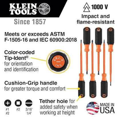 Klein Tools 85076INS Juego de destornilladores aislados con destornillador de 1000 V, (3) Phillips y (2) puntas ranuradas y cuadradas, 6 piezas