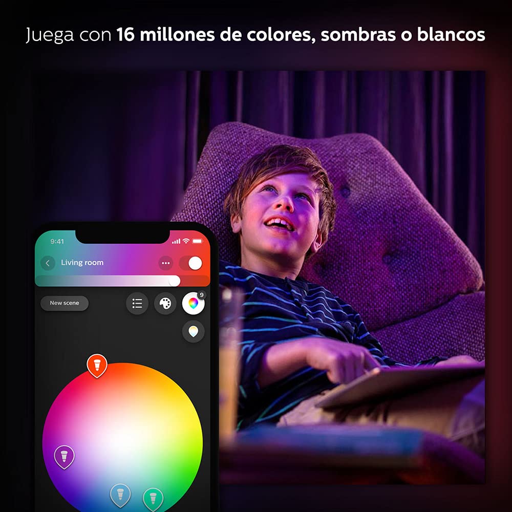 Focos Philips Hue Luz Multicolor 4 Focos A19 + Hue Bridge - Compatible con Alexa + Foco Filamento regulable tipo A19 decorativo Wifi - Compatible con Alexa
