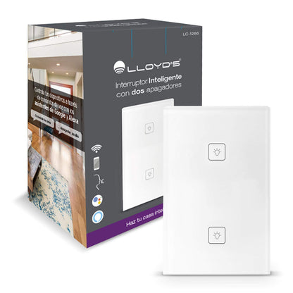 Lloyd's Interruptor Inteligente de 2 Apagadores, Lloyd´s, Modelo: LC-1266, Interruptor Wifi, Compatible con Alexa y Otros Asistentes Virtuales, 100-240 V~ 50/60 Hz, 15 A, Color: Blanco