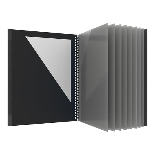 Oxford 89332 - Carpeta de 10 bolsillos, portafolios de plástico resistente en espiral, bordes antidesgarros, 8 bolsillos, 2 bolsillos interiores diagonales, tamaño carta, color negro