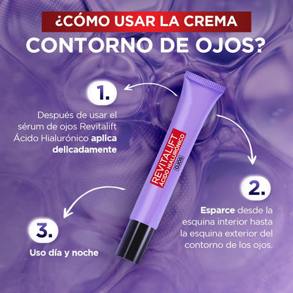 L'Oreal Paris Revitalift Ácido Hialurónico Crema de Ojos, Hidrata Intensamente y Rellena Líneas de Expresión, 15 ml.