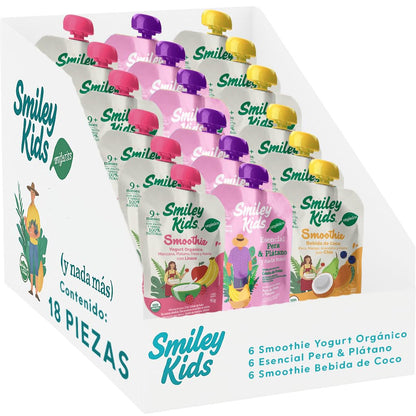 Smiley Kids Caja/18 Papillas Organica Mix Smoothie yogurt + Smoothie coco + Papilla pera-plátano