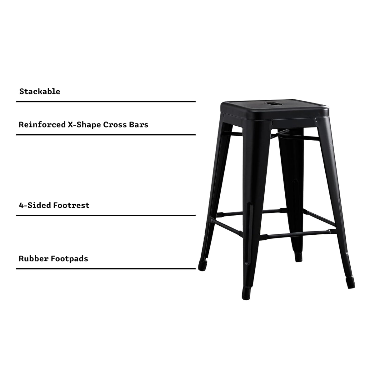 AC Pacific Modern Backless Light Weight Industrial Metal Barstool 4 Leg Design, 24" Seat Bar Stools (Set of 2), Matte Black Finish