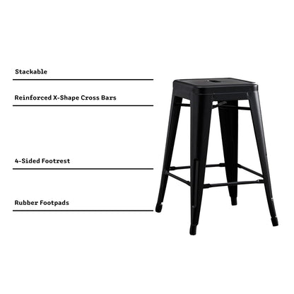 AC Pacific Modern Backless Light Weight Industrial Metal Barstool 4 Leg Design, 24" Seat Bar Stools (Set of 2), Matte Black Finish
