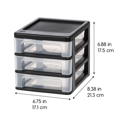 IRIS USA Paquete de 4 Organizadores Apilables de 3 Cajones, Negro | Organiza artículos de oficina, papelería, maquillaje, manualidades y esenciales diarios en el escritorio