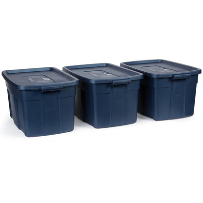 Rubbermaid Roughneck - Bolsa de 31 galones, paquete de 3, fabricado en Estados Unidos, metal índigo oscuro, contenedores de almacenamiento apilables de plástico resistente con tapas y asas