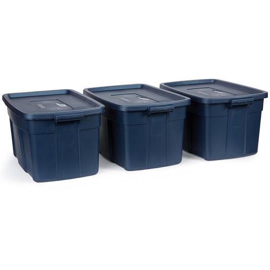 Rubbermaid Roughneck - Bolsa de 31 galones, paquete de 3, fabricado en Estados Unidos, metal índigo oscuro, contenedores de almacenamiento apilables de plástico resistente con tapas y asas