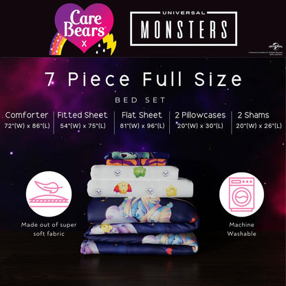 Franco Care Bears x Universal Monsters - Juego de Ropa de Cama de 7 Piezas súper Suave y Acogedor Reversible y Juego de sábanas con Funda matrimonial, (Producto con Licencia Oficial)