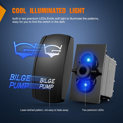 Nilight - Interruptor para bomba de sentina, con luz LED, 5 pines, con láser, SPST 20A/12V, 10A/24V, color azul para pesca marina, barco, caravana, barco, caravana, caravana, caravana,