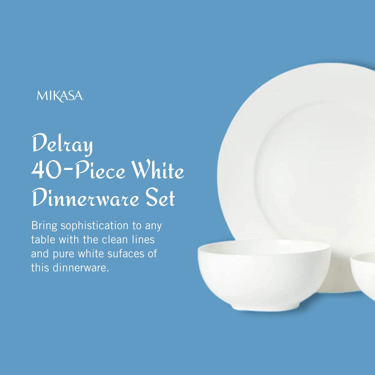 Mikasa Delray - Juego de vajilla blanca de 40 piezas, servicio para 8, platos de porcelana duraderos, cuencos y tazas, apto para lavaplatos y microondas