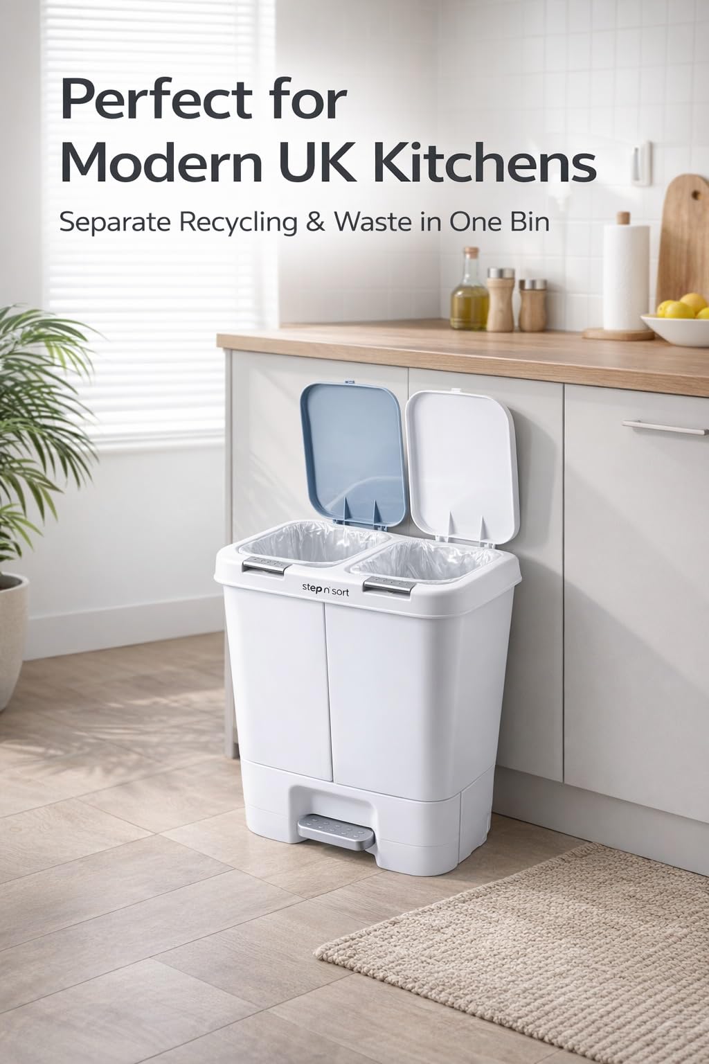 Bote de basura doble de 40 l, tapa de cierre lento con cubos extraíbles, color blanco