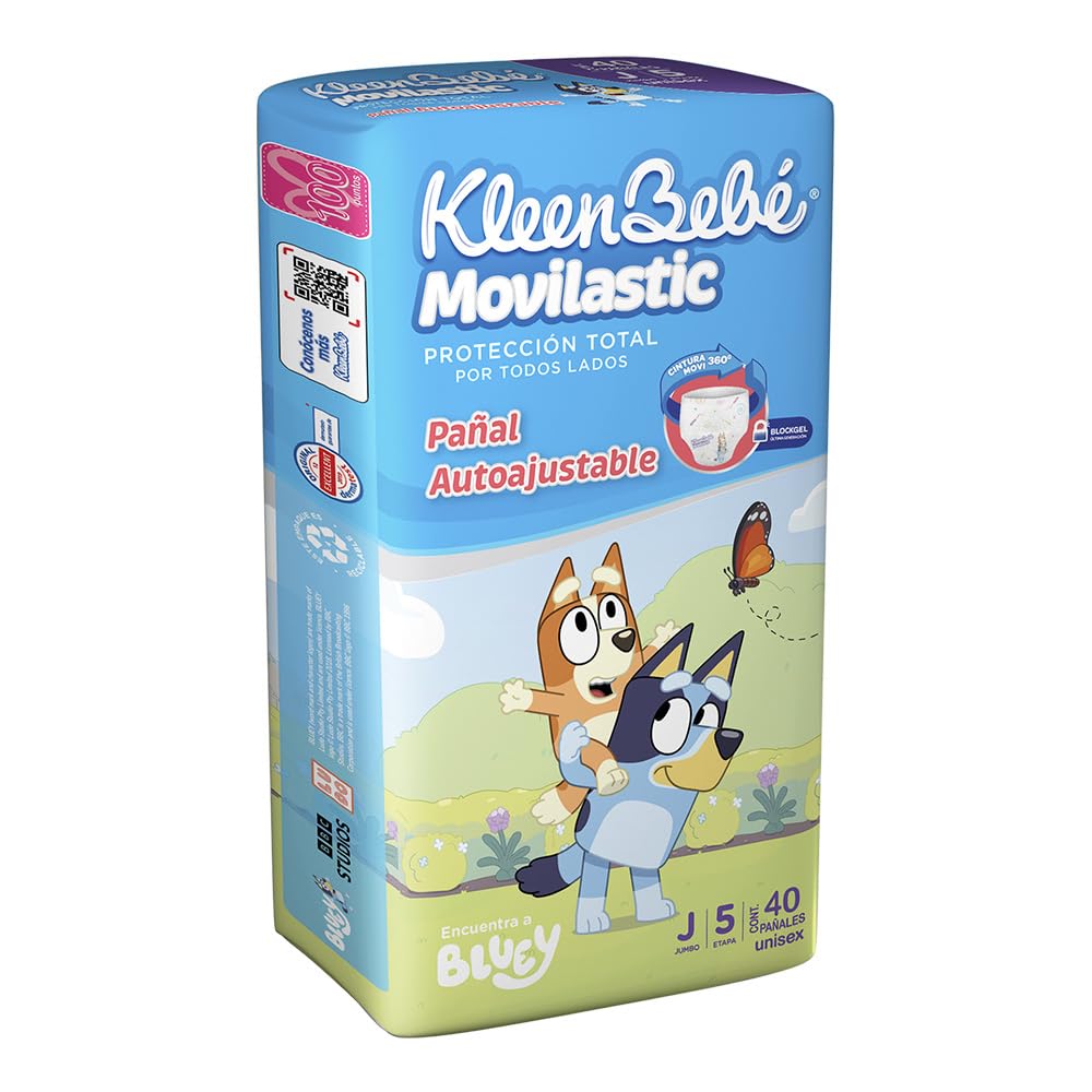 KleenBebé Movilastic Bluey Pañal Desechable para bebé, Talla Jumbo Unisex, Paquete con 40 Piezas, Ideal para Bebés de 11 a 14 kg