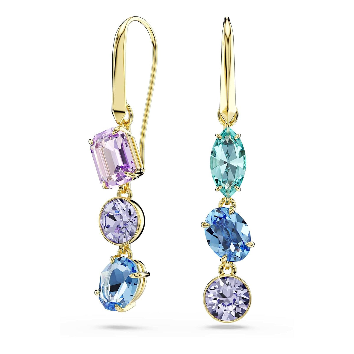 arete de gota Swarovski Gema, diseño asimétrico, corte mixto, multicolor, baño dorado