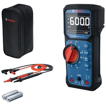 Multímetro Bosch GDM 600-15 | True RMS, LCD invertido, mide frecuencia/continuidad/resistencia/capacitancia, mín./máx/promedio, cables de prueba MS 90