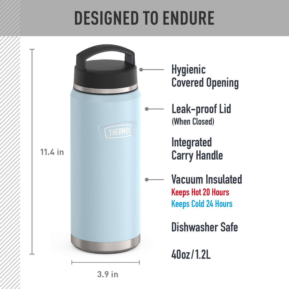 THERMOS ICON SERIES - Botella de agua con tapa de rosca - 40 onzas, glaciar, botella de agua aislada al aspiradora de acero inoxidable con tapa