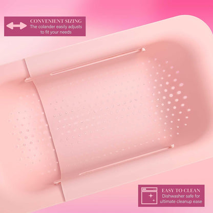 Paris Hilton Colador Extensible sobre el Fregadero, Ajustable de 14.5 a 19.5 Pulgadas, Rosa, Plástico Duradero sin BPA