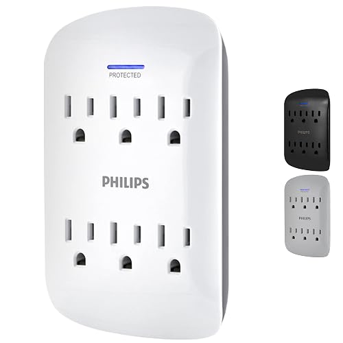Philips SPP3461WA/37 - Protector de sobretensiones Extensor de 6 Tomas, Llave de Pared, 900 Julios, 3 Puntas, diseño de Ahorro de Espacio, luz LED indicadora de protección, listado ETL, Color Blanco