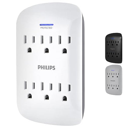 Philips SPP3461WA/37 - Protector de sobretensiones Extensor de 6 Tomas, Llave de Pared, 900 Julios, 3 Puntas, diseño de Ahorro de Espacio, luz LED indicadora de protección, listado ETL, Color Blanco