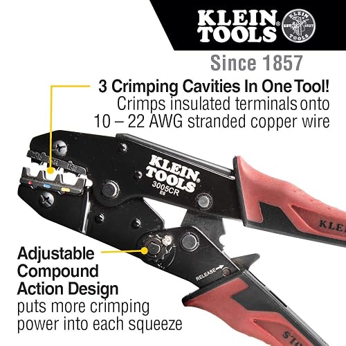 KLEIN TOOLS 3005CR | Pinza Ponchadora | 10-22 AWG | Matraca Integrada