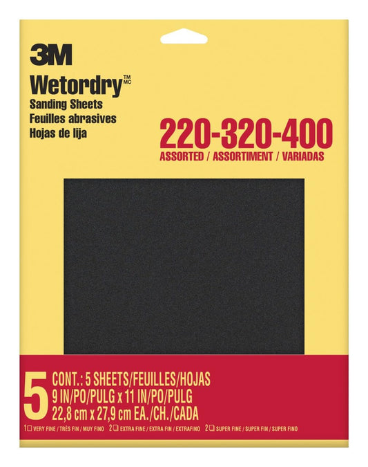 3M Wetordry - Papel de lija 5 hojas, 9 x 11 pulgadas, grano surtido (220/320 / 400), uso para lijar en húmedo y seco, para lijar entre capas de barniz, laca, pintura y otros acabados (9088DC-NA)