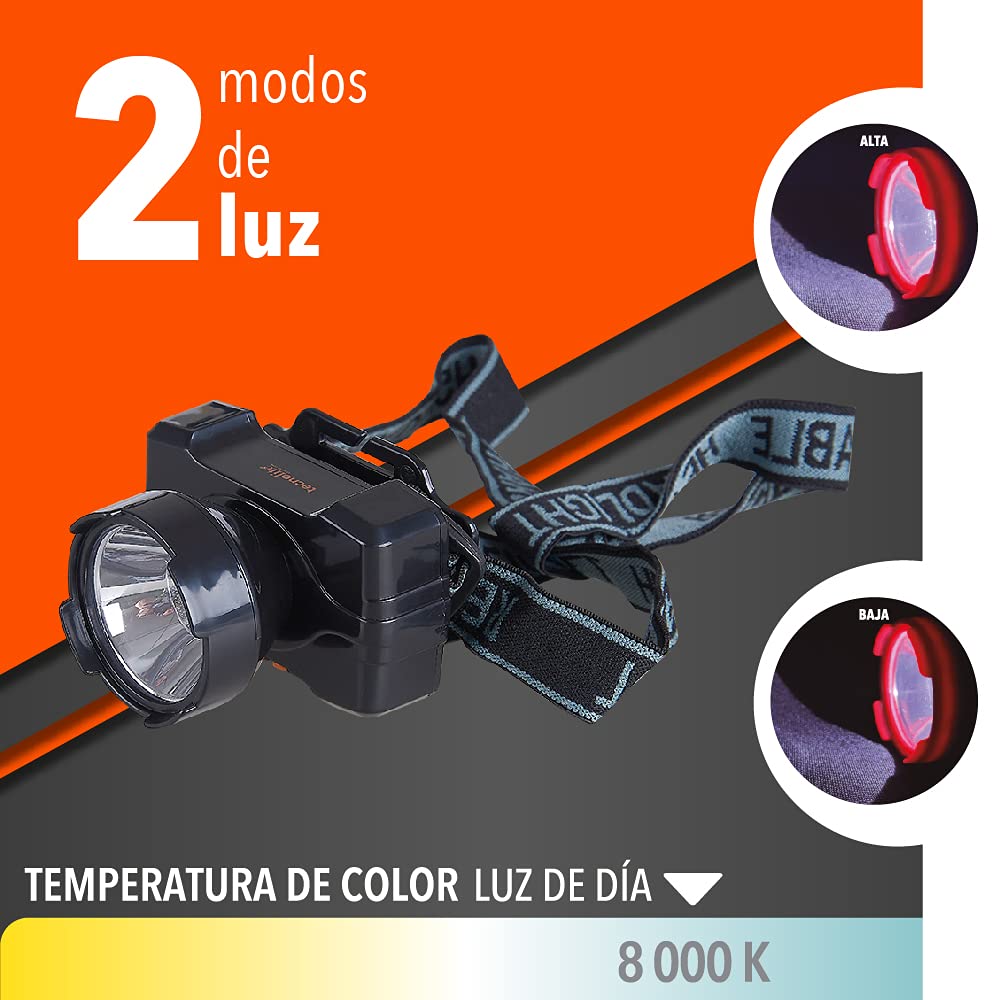 Tecnolite - Linterna Led Recargable para Cabeza, Con Baterías, Luz Led, En Color Negro 8 hrs de Uso, 80 Lumens, 60 m. de Distancia, 1 W, 5 VCD, Luz de Día 6 5000 k, Aplicación Portátil