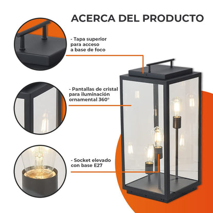 Tecnolite Lámpara de Pilar/Piso Tipo Farol Exterior, Potencia Máx. 180 W, 3 Bases E27, IP44, No incluye focos