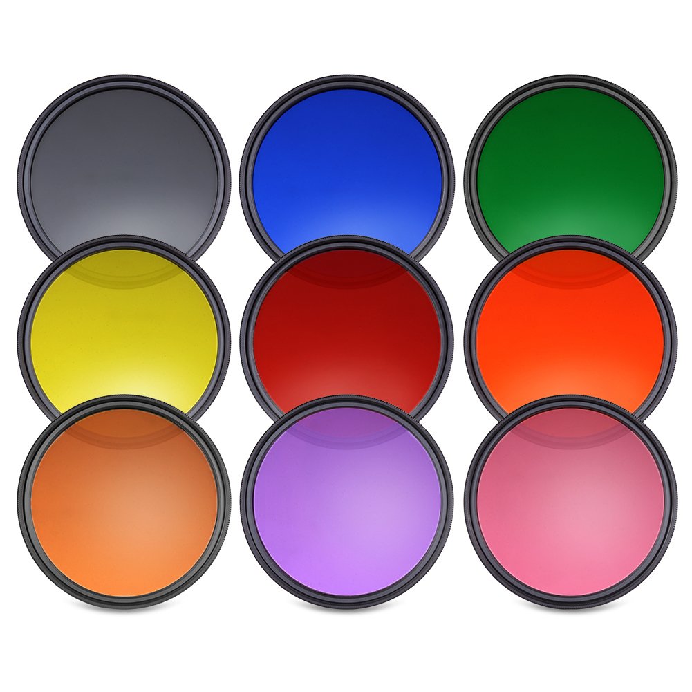Neewer 58 mm Lente con Función de Juego de Filtros de Color (9 piezas) para Cámara con Objetivo de 58 mm Rosca para Filtro - Incluye: Rojo, Naranja, Azul, Amarillo, Verde, Marrón, Morado, Rosa y Gris
