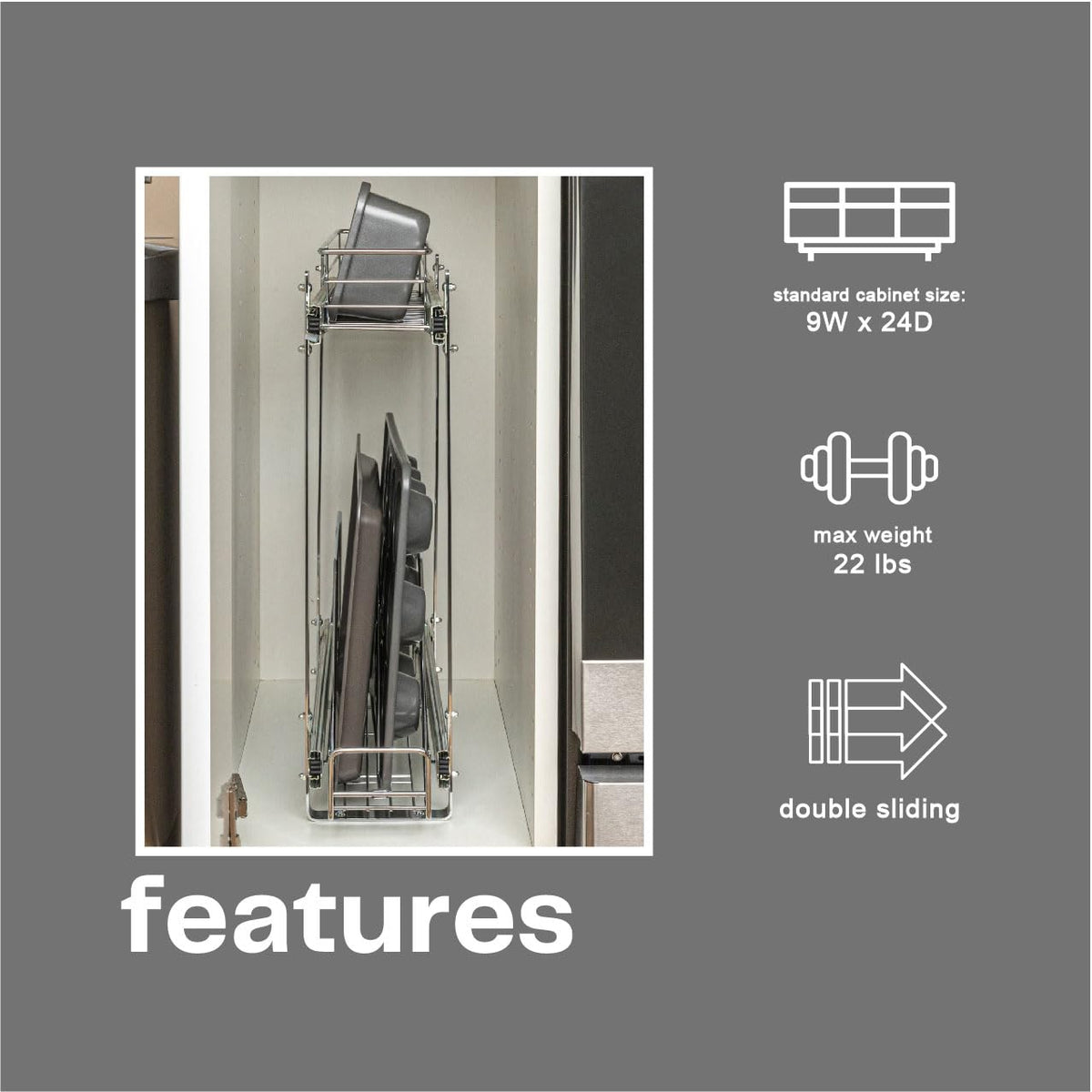 Household Essentials Glidez Organizador de almacenamiento multiusos de acero chapado en cromo extraíble y deslizable para utensilios de cocina y utensilios de hornear, diseño de 2 niveles, se adapta a