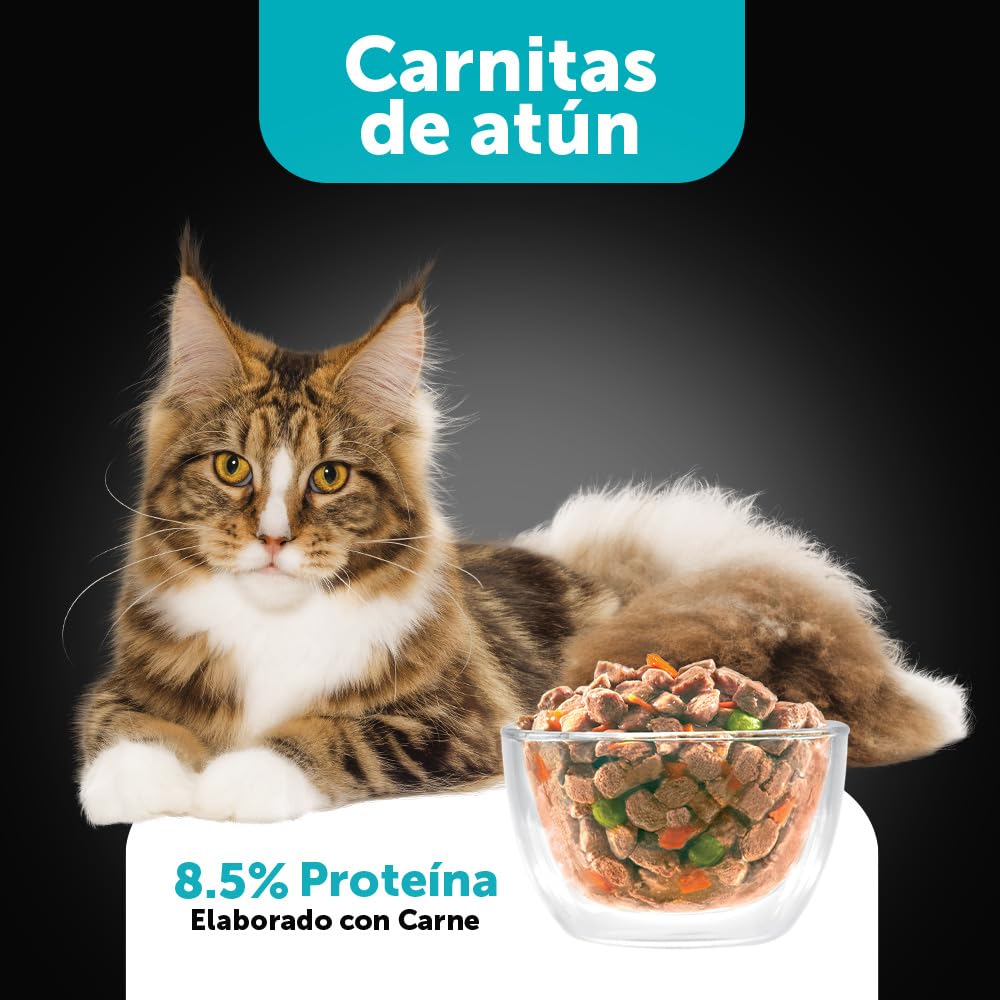 Minino Plus Recetas, alimento húmedo Sabor Carnitas de atún, 85 g, Gris, Paquete con 24 Piezas