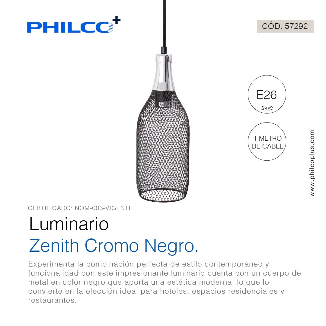 Philco Luminario Zenith Cromo Negro. Cuerpo de metal negro para suspender, base E26, acabado en cromo birllante, exclusivo para interiores. Cable de suspensión de 1 metro