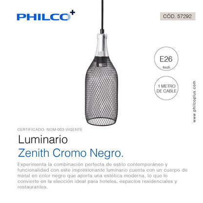Philco Luminario Zenith Cromo Negro. Cuerpo de metal negro para suspender, base E26, acabado en cromo birllante, exclusivo para interiores. Cable de suspensión de 1 metro