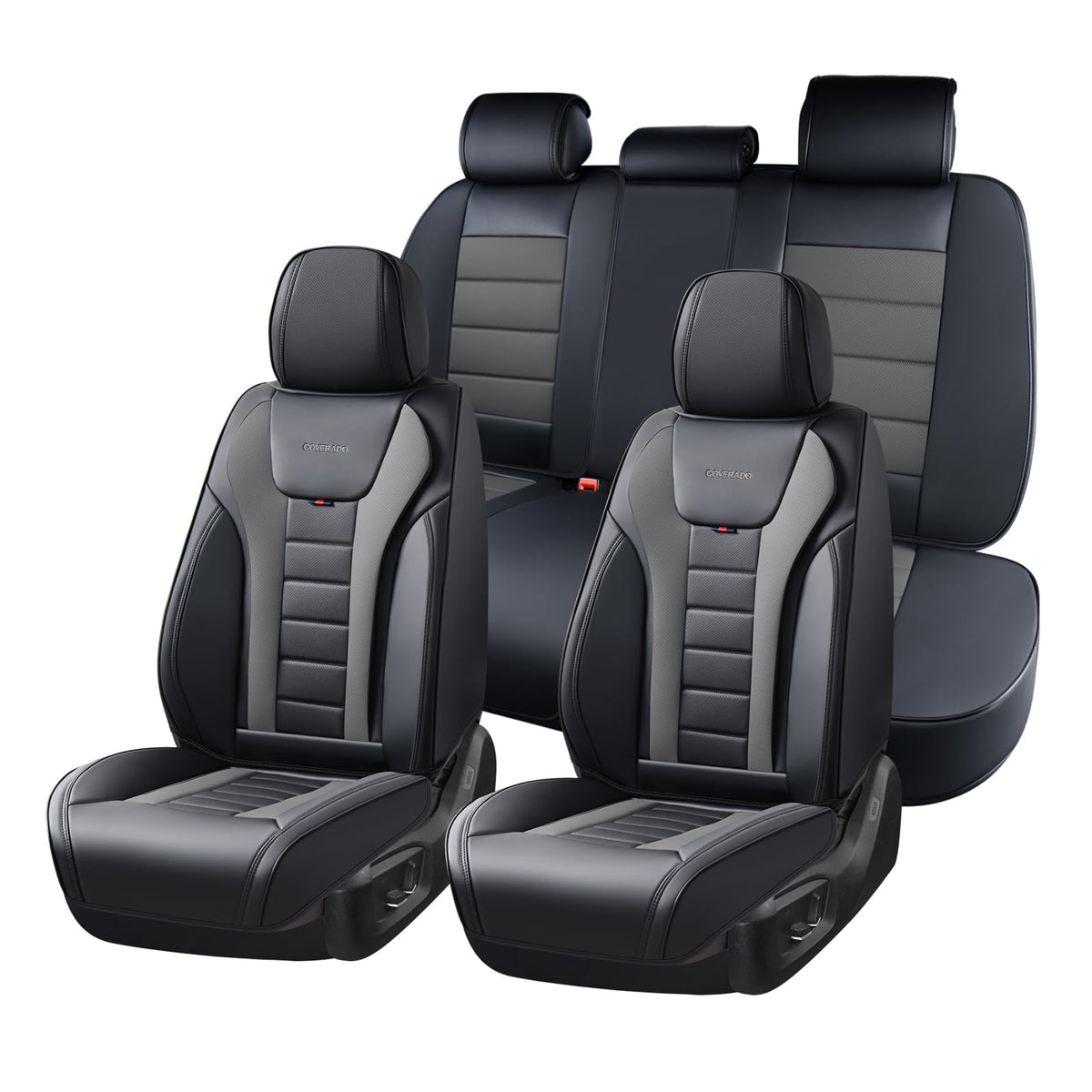 Coverado Juego Completo de Fundas de Asiento de Automóvil, Fundas de Asiento para Automóviles, Fundas de Asiento Delantero y Funda de Asiento Trasero, Funda Impermeable de Piel para Asiento automotriz - Negro-Gris - FullSet