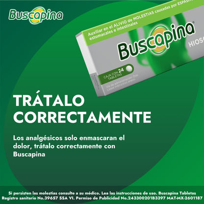 Buscapina Auxiliar en el Alivio del Dolor de Panza 24 tabletas. Alivio Eficaz del Dolor, Causados por Espasmos, Cólicos Estomacales e Intestinales