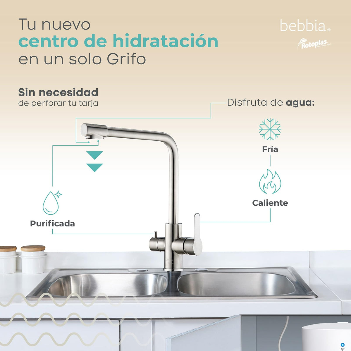 ROTOPLAS BEBBIA GRIFO PARA COCINA BEBBIA 3 VÍAS PARA AGUA PURIFICADA (GRIS RECTO)