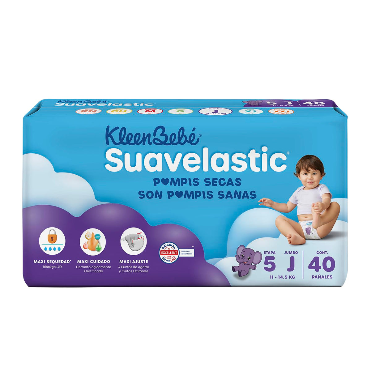 KleenBebé Suavelastic Pañal Desechable para Bebé, Talla Jumbo Unisex, Paquete con 40 Piezas, Ideal para Bebés de 11 a 14.5 kg